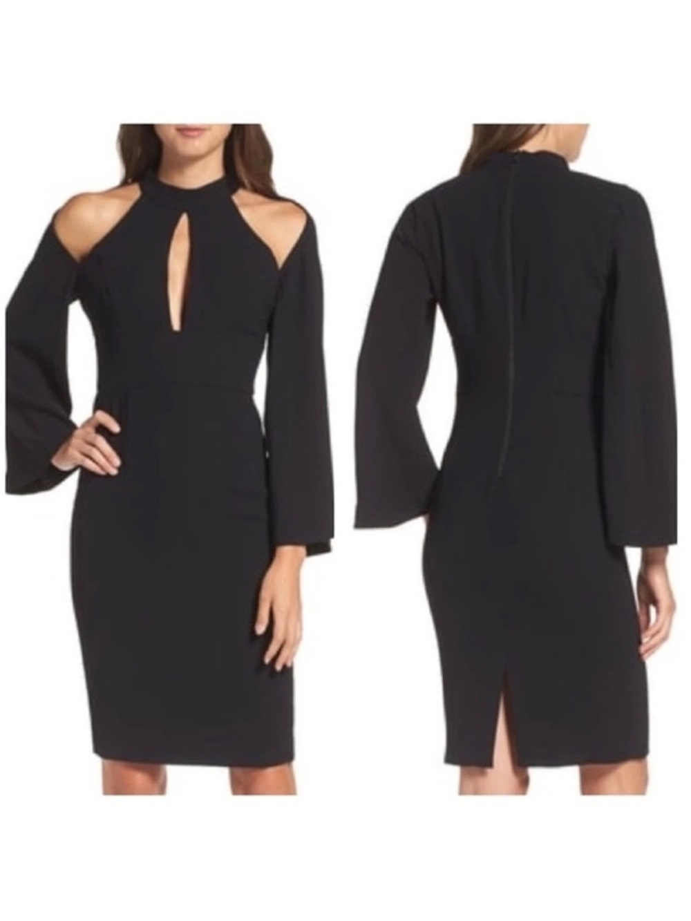 Bardot Black Cold-Shoulder Keyhole Sheath Drape Sleeve Dress